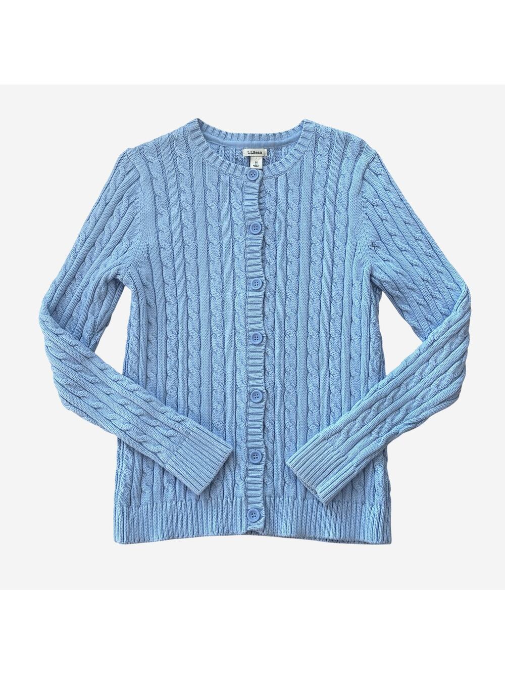 LL Bean Cardigan Sweater Womens Medium Blue Cable Knit Button Front Long Sleeve